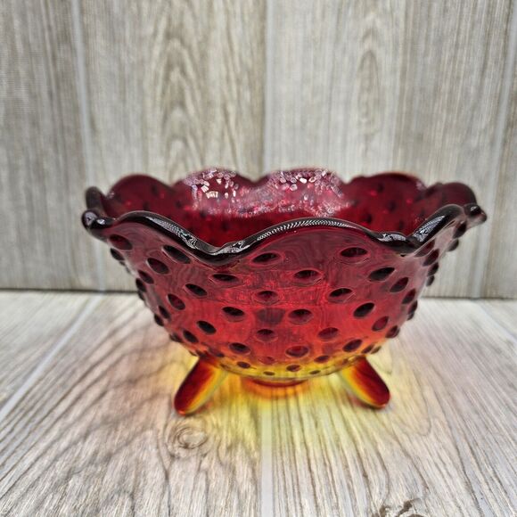 Vtg MCM Glass Amberina‎ Ruby Yellow Short 3 Footed Bowl Dish Hobnail Scalloped - Picture 4 of 9